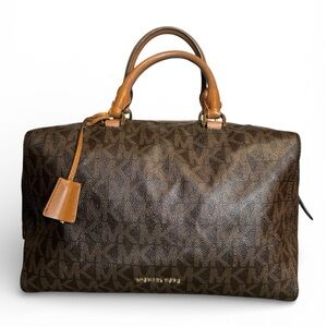 Michael Kors Kirby Brown Signature MK Logo Satchel Handbag Tan Leather Trim